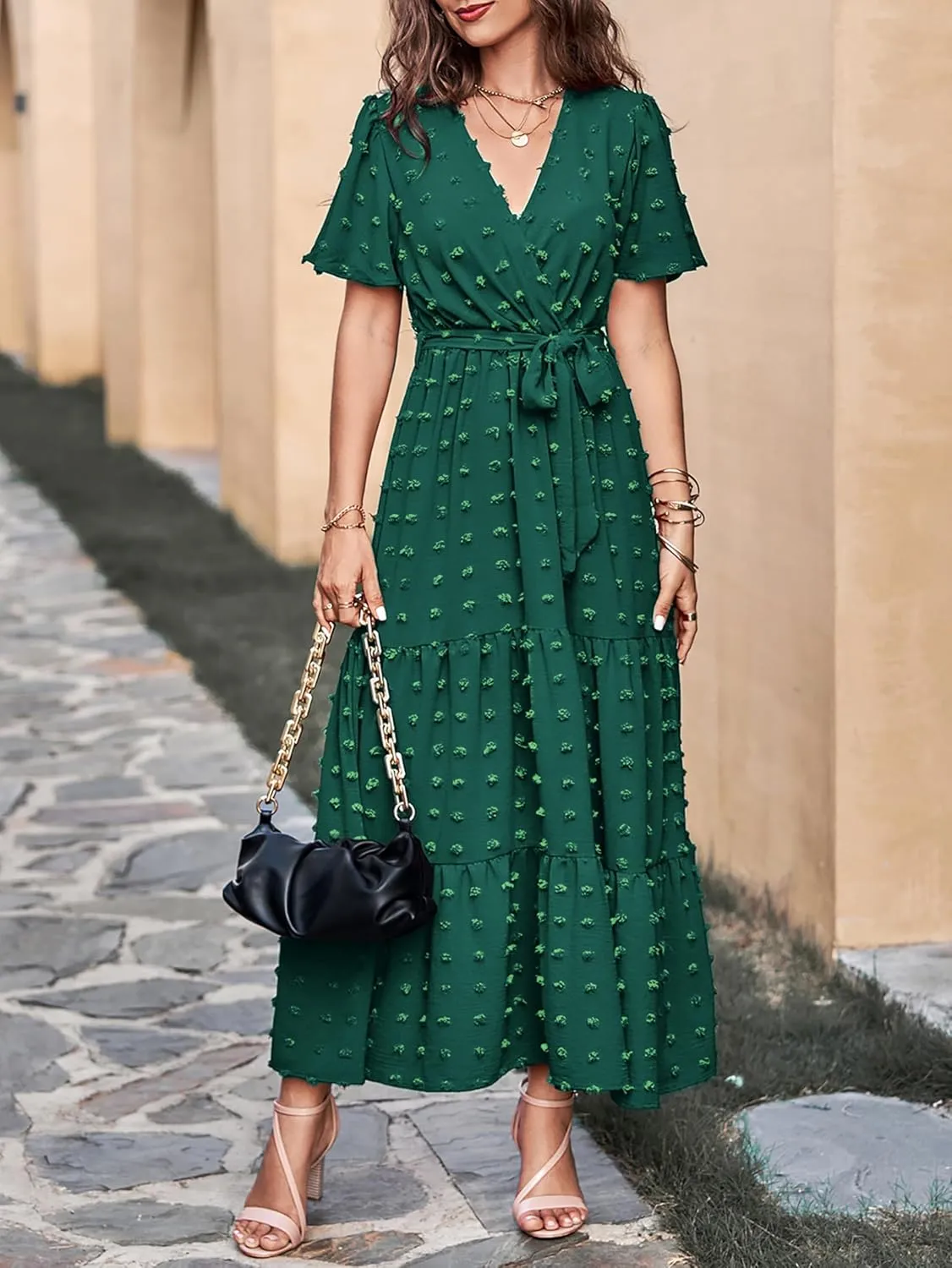 MASCOMODA Womens Summer Swiss Dot Maxi Dressses Wrap V Neck Flutter Short Sleeve Boho Casual Flowy Long Wedding Guest Dress