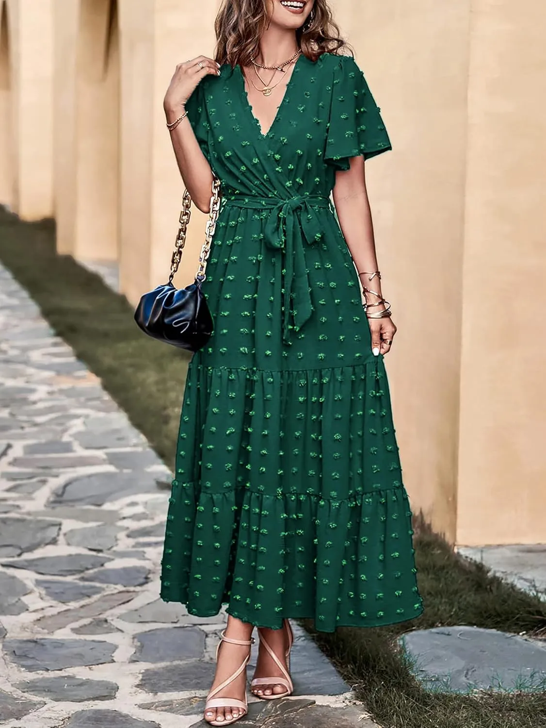 MASCOMODA Womens Summer Swiss Dot Maxi Dressses Wrap V Neck Flutter Short Sleeve Boho Casual Flowy Long Wedding Guest Dress