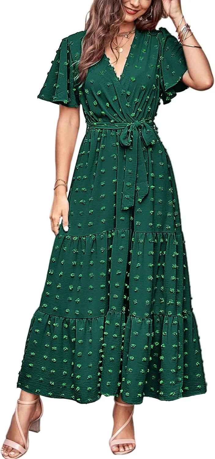 MASCOMODA Womens Summer Swiss Dot Maxi Dressses Wrap V Neck Flutter Short Sleeve Boho Casual Flowy Long Wedding Guest Dress