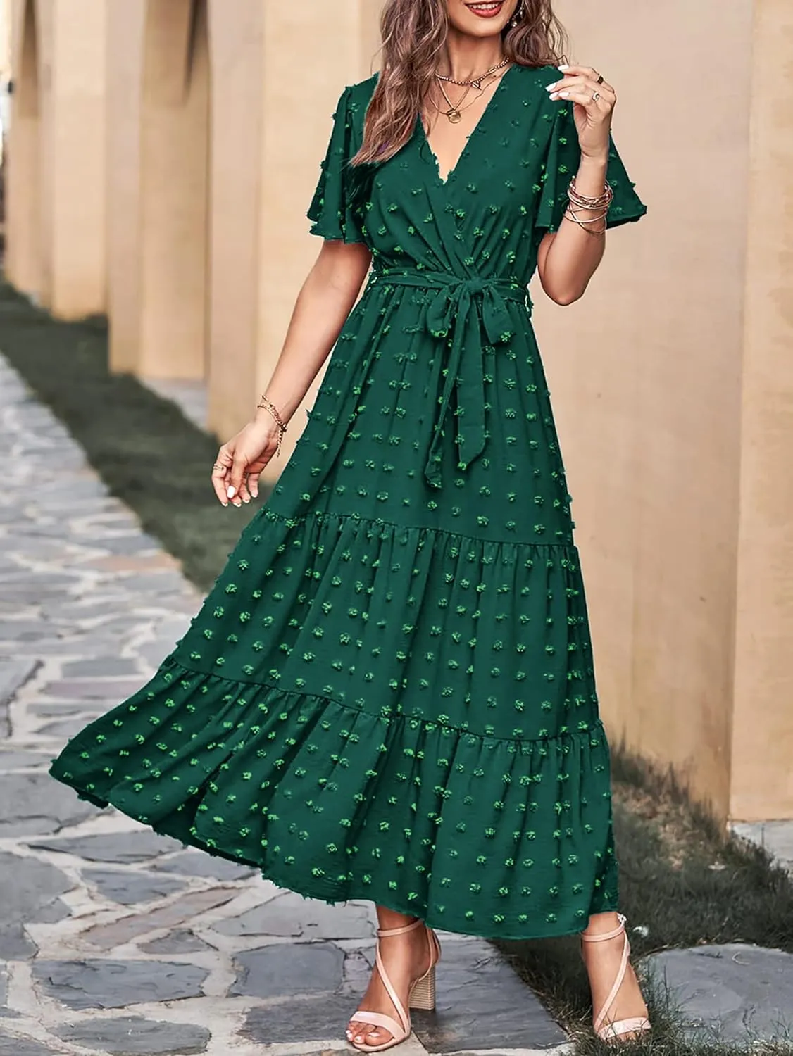 MASCOMODA Womens Summer Swiss Dot Maxi Dressses Wrap V Neck Flutter Short Sleeve Boho Casual Flowy Long Wedding Guest Dress