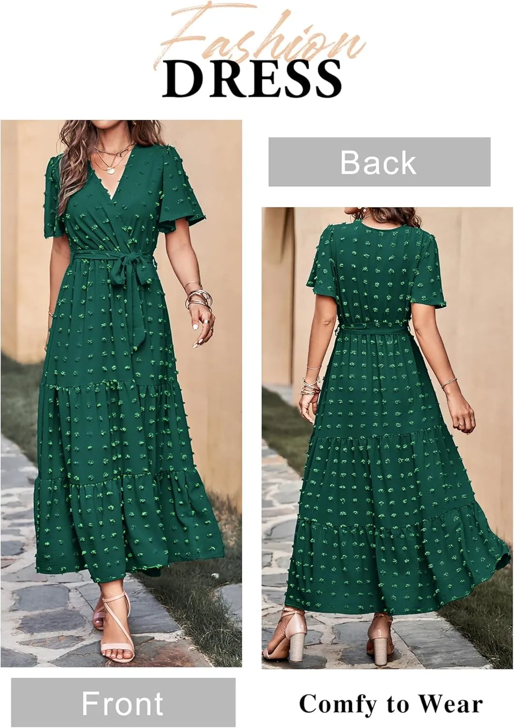 MASCOMODA Womens Summer Swiss Dot Maxi Dressses Wrap V Neck Flutter Short Sleeve Boho Casual Flowy Long Wedding Guest Dress