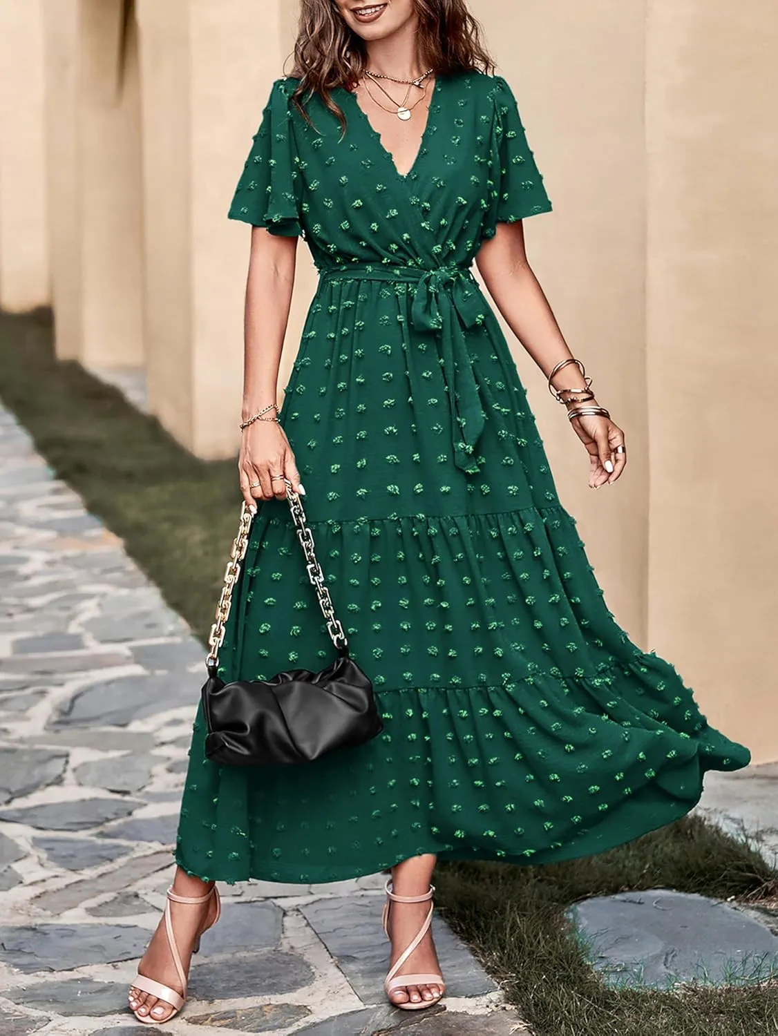 MASCOMODA Womens Summer Swiss Dot Maxi Dressses Wrap V Neck Flutter Short Sleeve Boho Casual Flowy Long Wedding Guest Dress