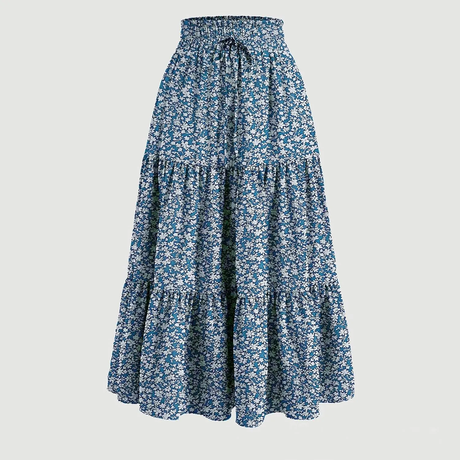 Maxi Skirts for Women High Waisted Tiered A Line Long Skirt Drawstring Flowy Floral Pleated Summer Skirt with Pockets