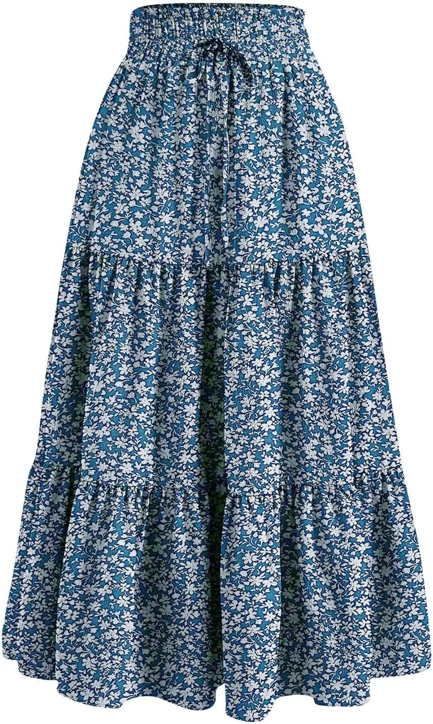 Maxi Skirts for Women High Waisted Tiered A Line Long Skirt Drawstring Flowy Floral Pleated Summer Skirt with Pockets