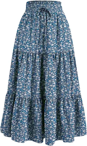 Maxi Skirts for Women High Waisted Tiered A Line Long Skirt Drawstring Flowy Floral Pleated Summer Skirt with Pockets