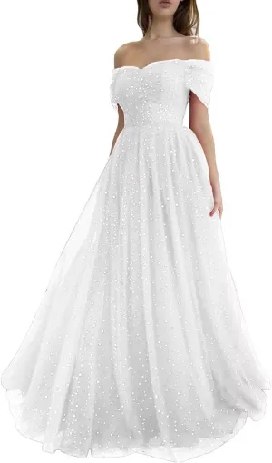 Maxianever Women's Sparkly Starry Tulle Prom Dresses Off Shoulder Long Formal Evening Gowns 2023