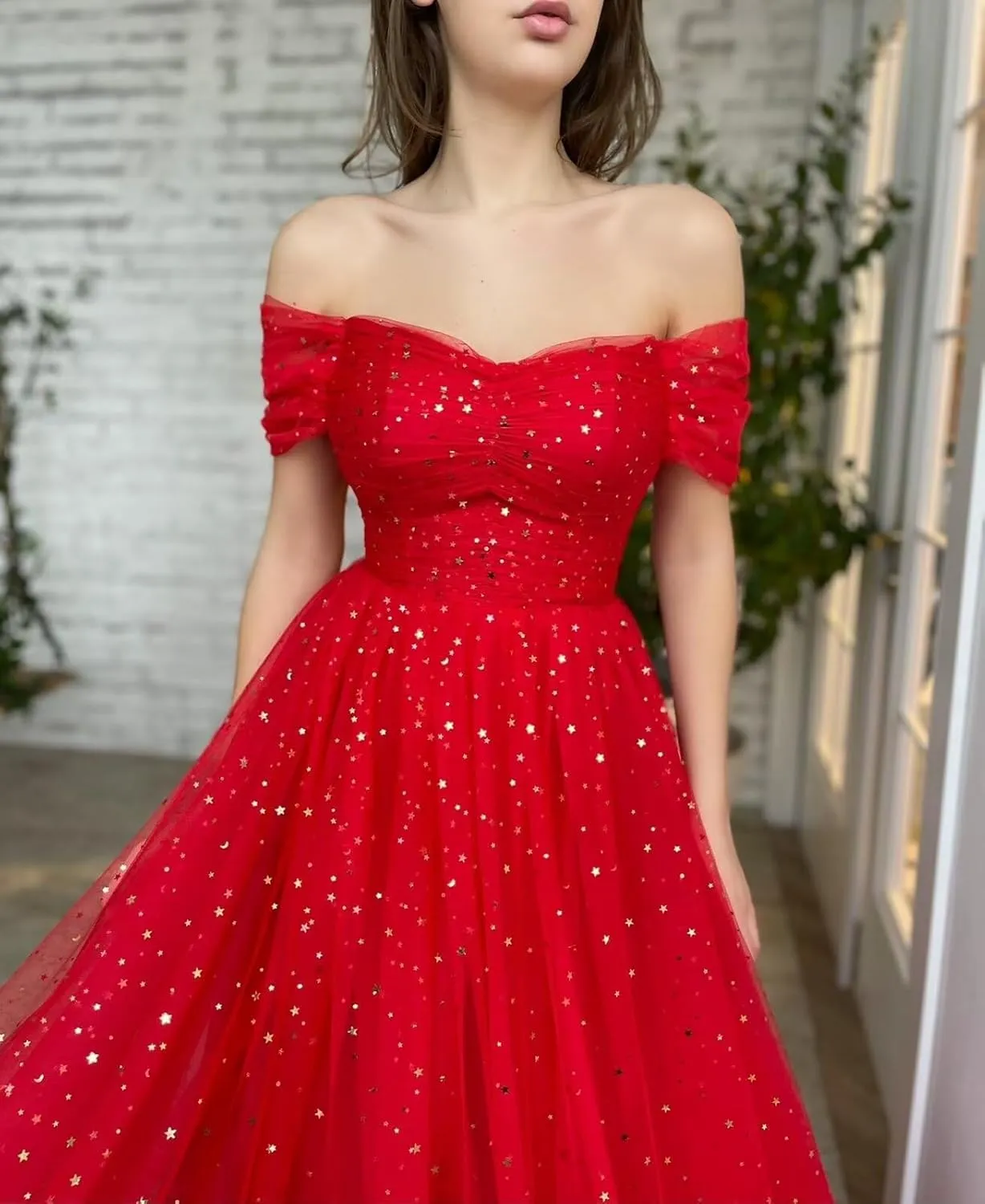 Maxianever Women's Sparkly Starry Tulle Prom Dresses Off Shoulder Long Formal Evening Gowns 2023