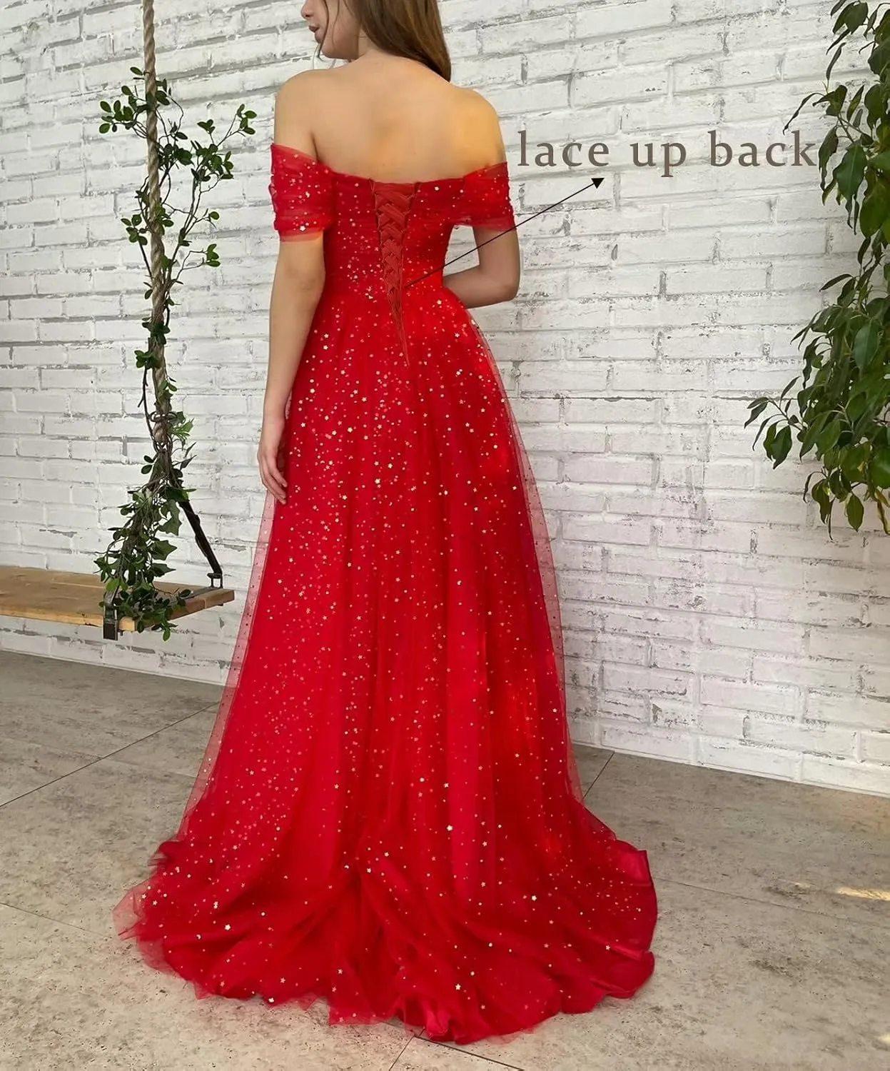 Maxianever Women's Sparkly Starry Tulle Prom Dresses Off Shoulder Long Formal Evening Gowns 2023