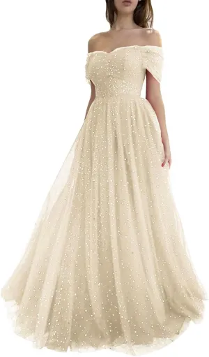 Maxianever Women's Sparkly Starry Tulle Prom Dresses Off Shoulder Long Formal Evening Gowns 2023