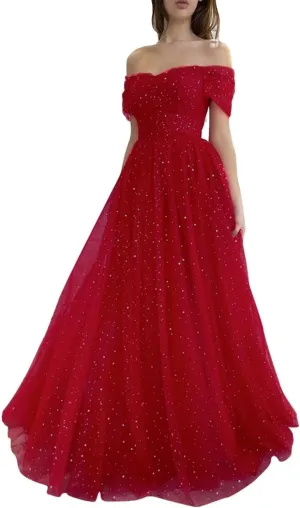 Maxianever Women's Sparkly Starry Tulle Prom Dresses Off Shoulder Long Formal Evening Gowns 2023