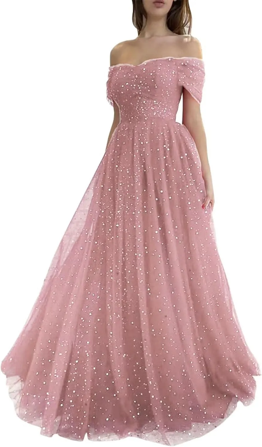 Maxianever Women's Sparkly Starry Tulle Prom Dresses Off Shoulder Long Formal Evening Gowns 2023