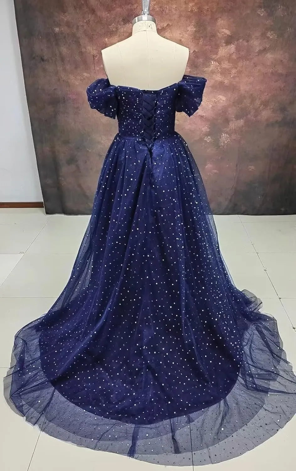Maxianever Women's Sparkly Starry Tulle Prom Dresses Off Shoulder Long Formal Evening Gowns 2023