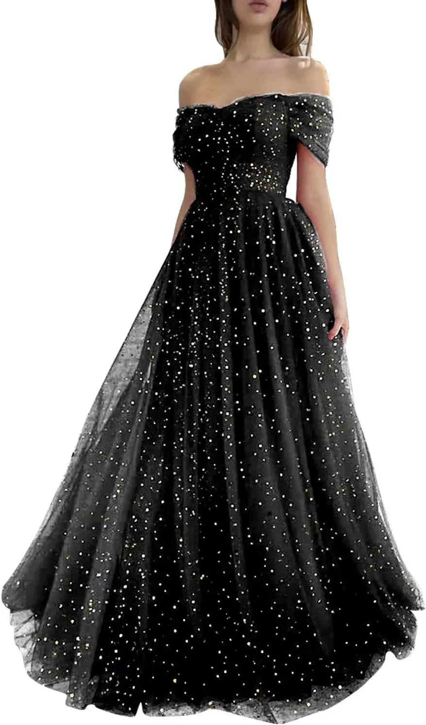 Maxianever Women's Sparkly Starry Tulle Prom Dresses Off Shoulder Long Formal Evening Gowns 2023