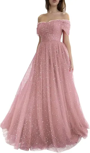 Maxianever Women's Sparkly Starry Tulle Prom Dresses Off Shoulder Long Formal Evening Gowns 2023