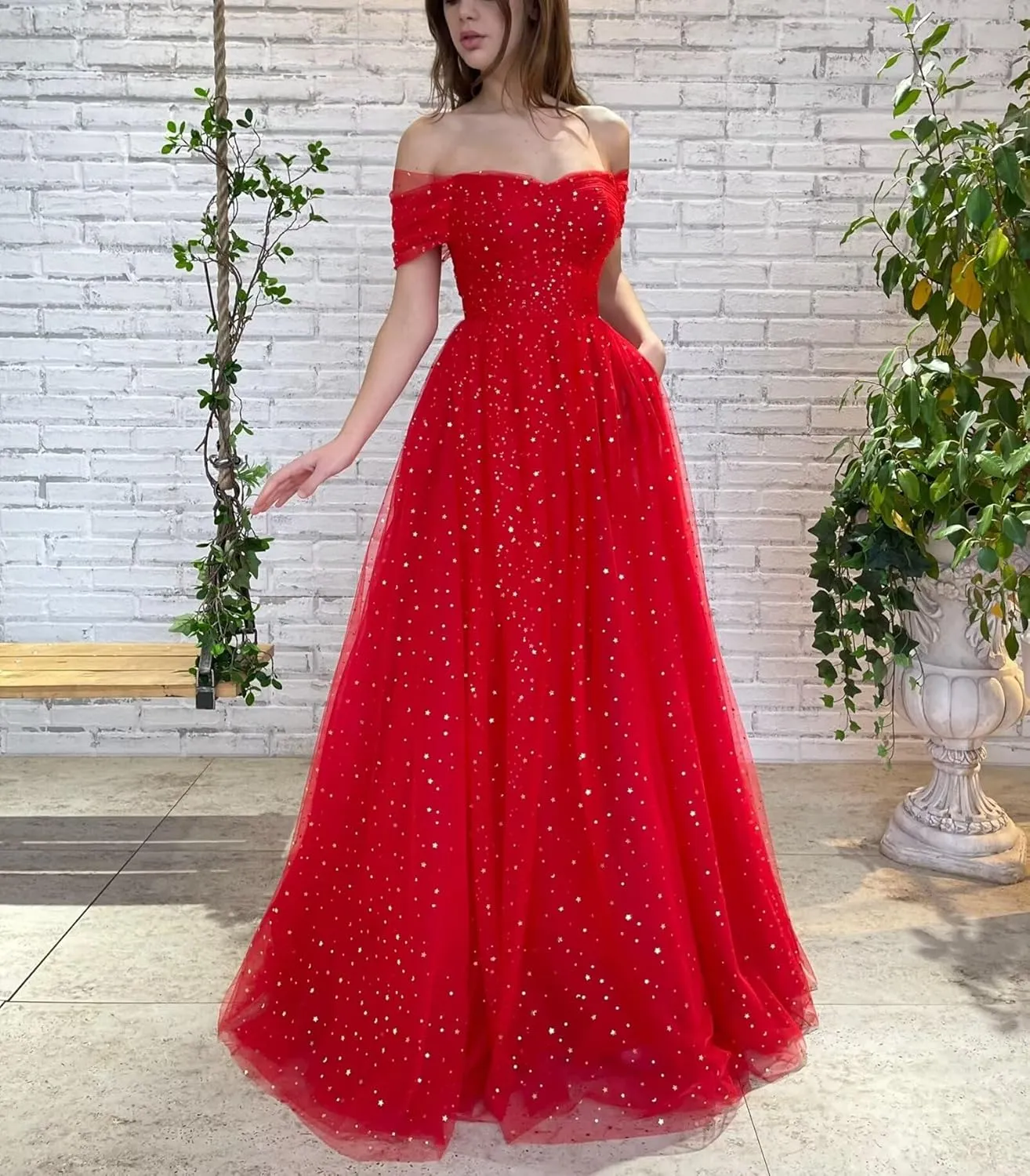 Maxianever Women's Sparkly Starry Tulle Prom Dresses Off Shoulder Long Formal Evening Gowns 2023