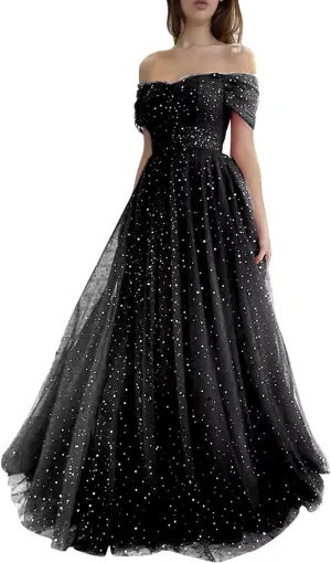 Maxianever Women's Sparkly Starry Tulle Prom Dresses Off Shoulder Long Formal Evening Gowns 2023