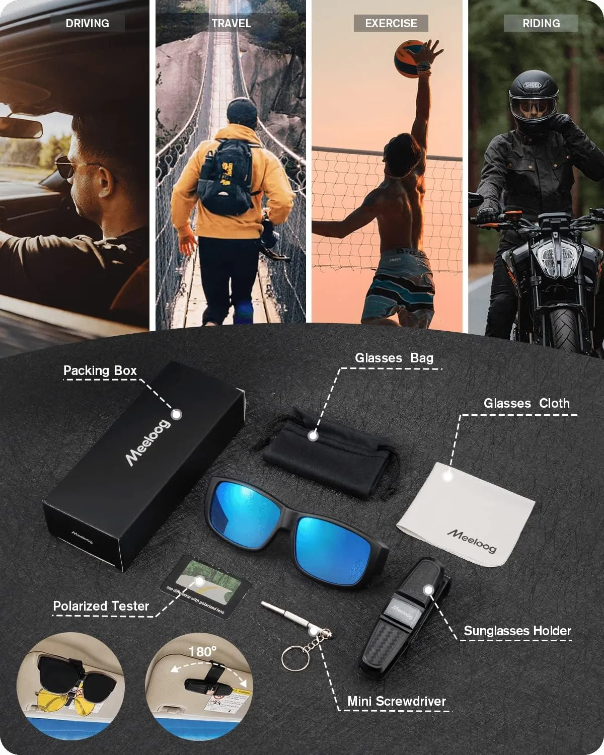 Meeloog Polarized Fit Over Glasses Sunglasses For Men, Rectangle Wrap Around Sun Glasses for Driving Riding Fishing MST0006