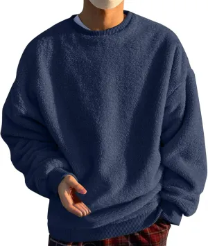 Men Fuzzy Plush Casual Sweatshirt Fleece Sherpa Crewneck Long Sleeve Pullover Winter Solid Color Loose Warm Soft Sweater Tops