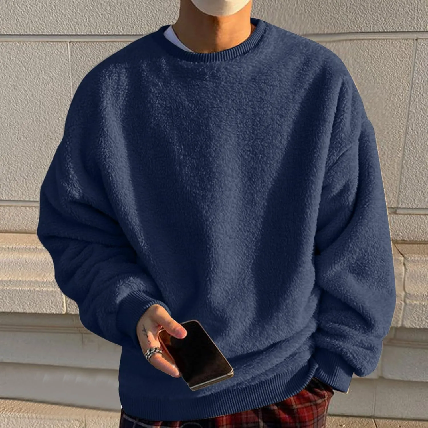 Men Fuzzy Plush Casual Sweatshirt Fleece Sherpa Crewneck Long Sleeve Pullover Winter Solid Color Loose Warm Soft Sweater Tops
