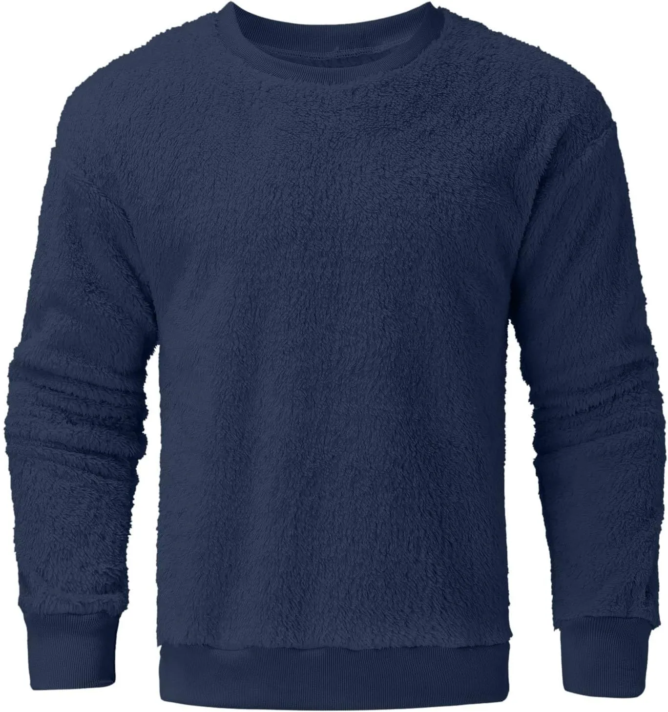 Men Fuzzy Plush Casual Sweatshirt Fleece Sherpa Crewneck Long Sleeve Pullover Winter Solid Color Loose Warm Soft Sweater Tops