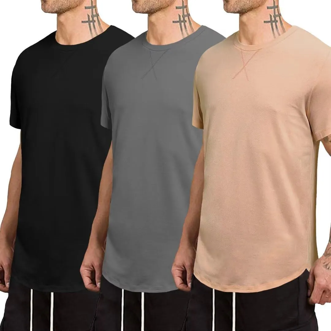Mens 3 Pack Crewneck T-Shirts Short Sleeve Hipster Hip Hop Longline Classic Tee Tops
