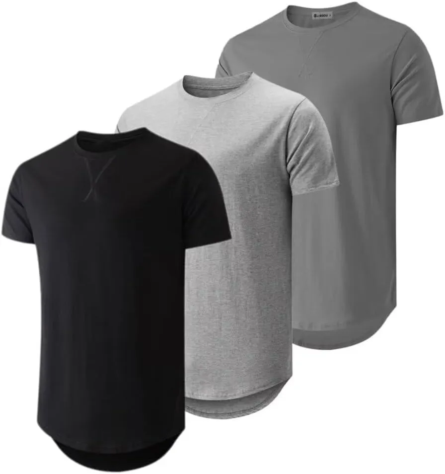 Mens 3 Pack Crewneck T-Shirts Short Sleeve Hipster Hip Hop Longline Classic Tee Tops