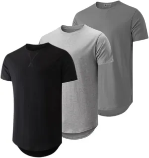 Mens 3 Pack Crewneck T-Shirts Short Sleeve Hipster Hip Hop Longline Classic Tee Tops