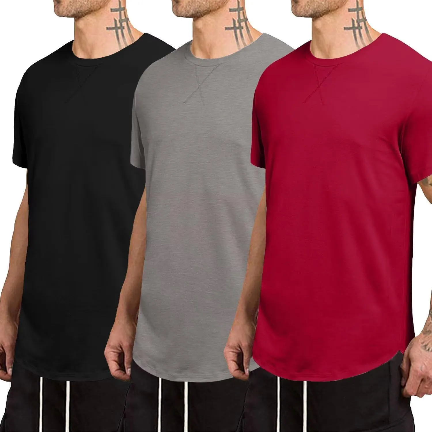 Mens 3 Pack Crewneck T-Shirts Short Sleeve Hipster Hip Hop Longline Classic Tee Tops