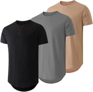 Mens 3 Pack Crewneck T-Shirts Short Sleeve Hipster Hip Hop Longline Classic Tee Tops