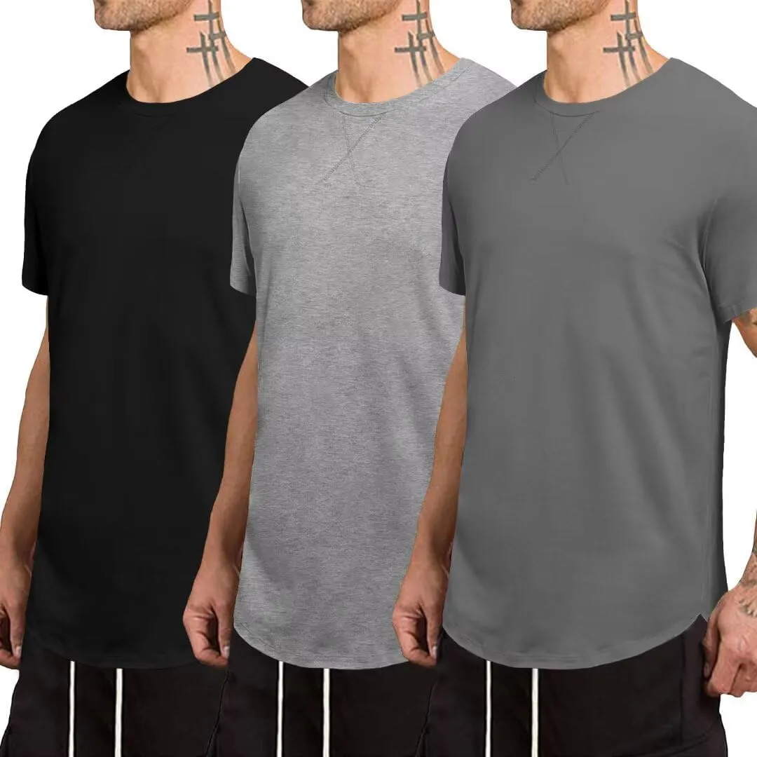 Mens 3 Pack Crewneck T-Shirts Short Sleeve Hipster Hip Hop Longline Classic Tee Tops