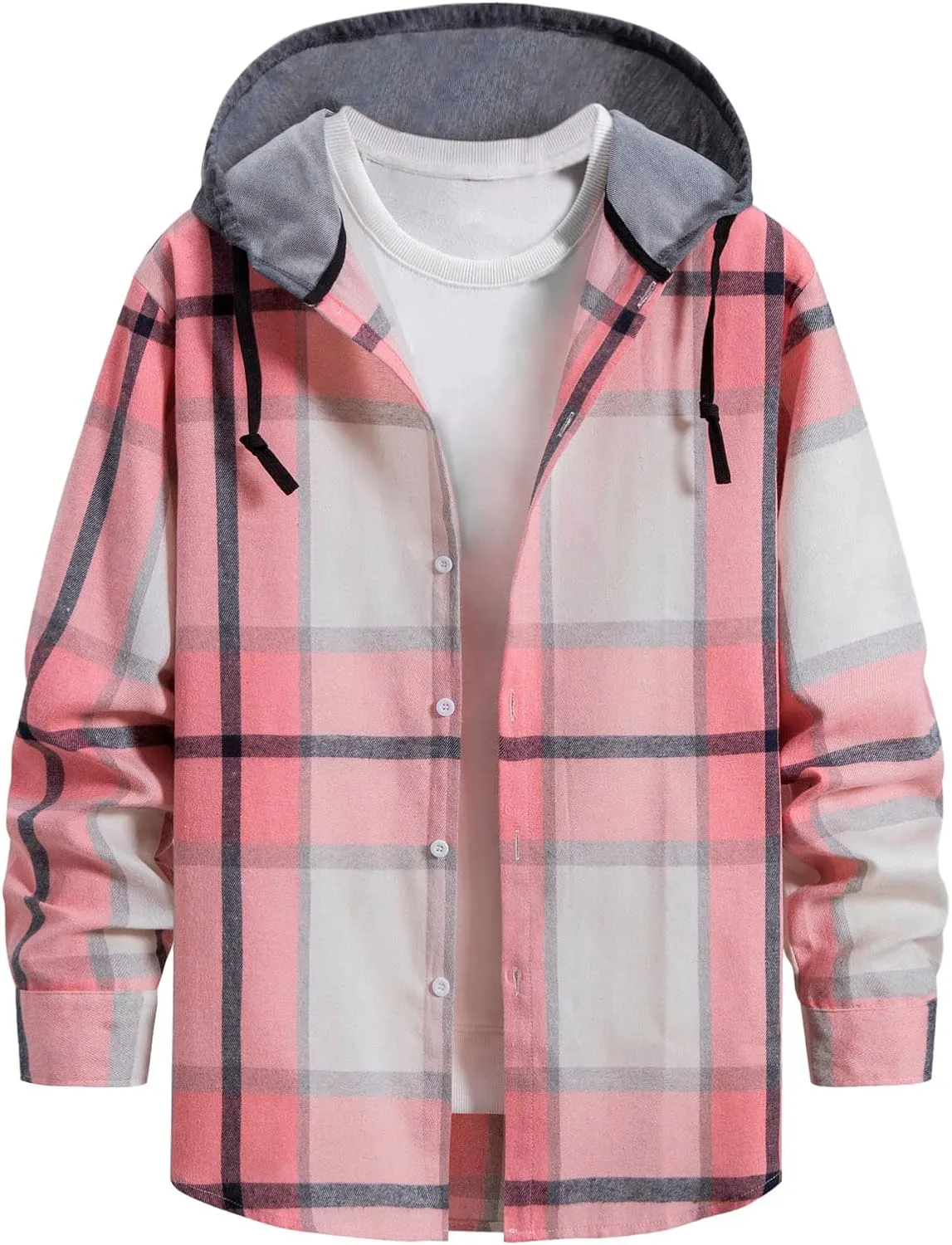 Mens Button Down Flannel Shackets with Hood Regular Fit Long Sleeve Oversized Casual Plaid Brushed Western Shirts