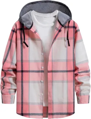 Mens Button Down Flannel Shackets with Hood Regular Fit Long Sleeve Oversized Casual Plaid Brushed Western Shirts
