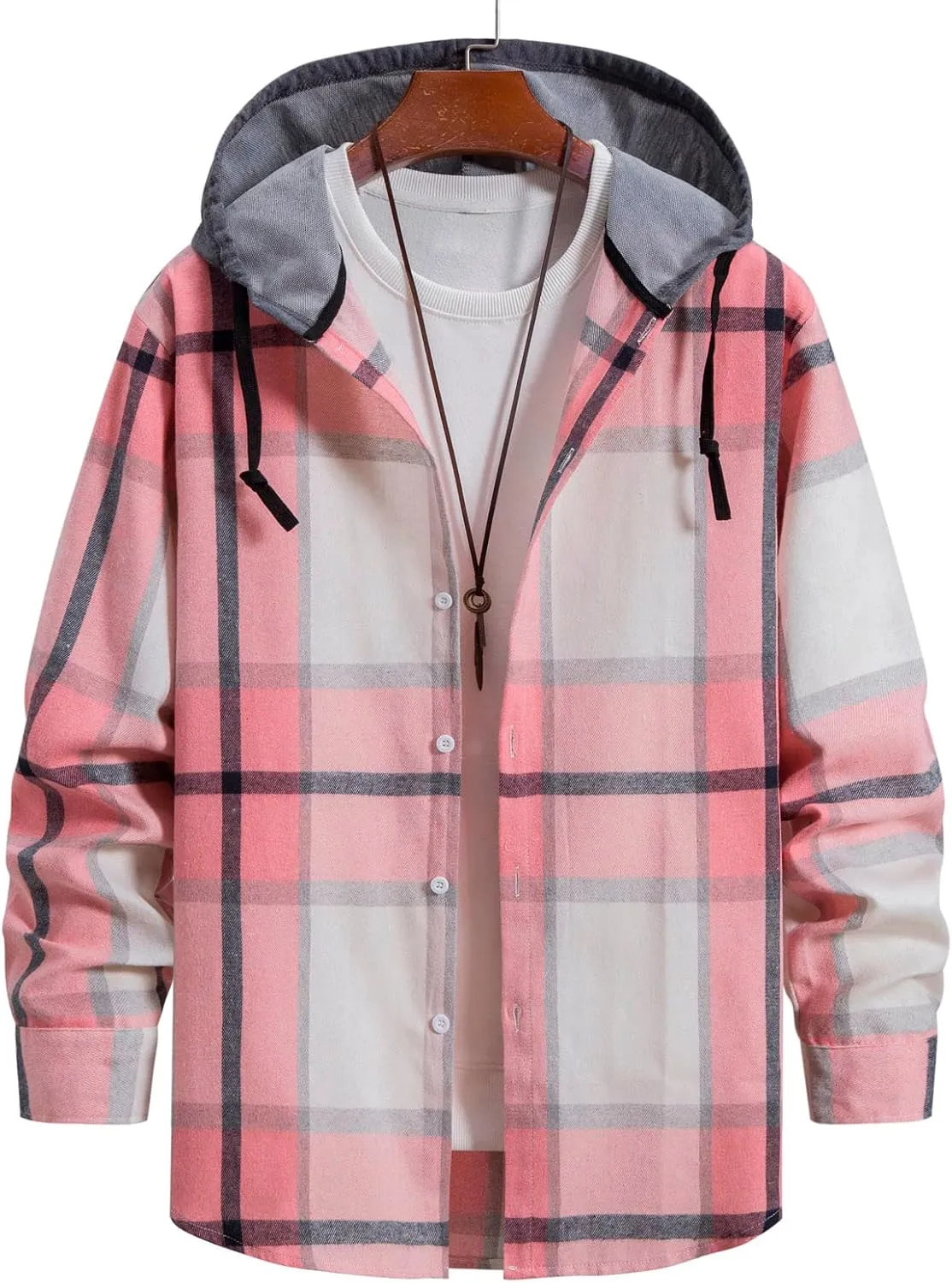 Mens Button Down Flannel Shackets with Hood Regular Fit Long Sleeve Oversized Casual Plaid Brushed Western Shirts