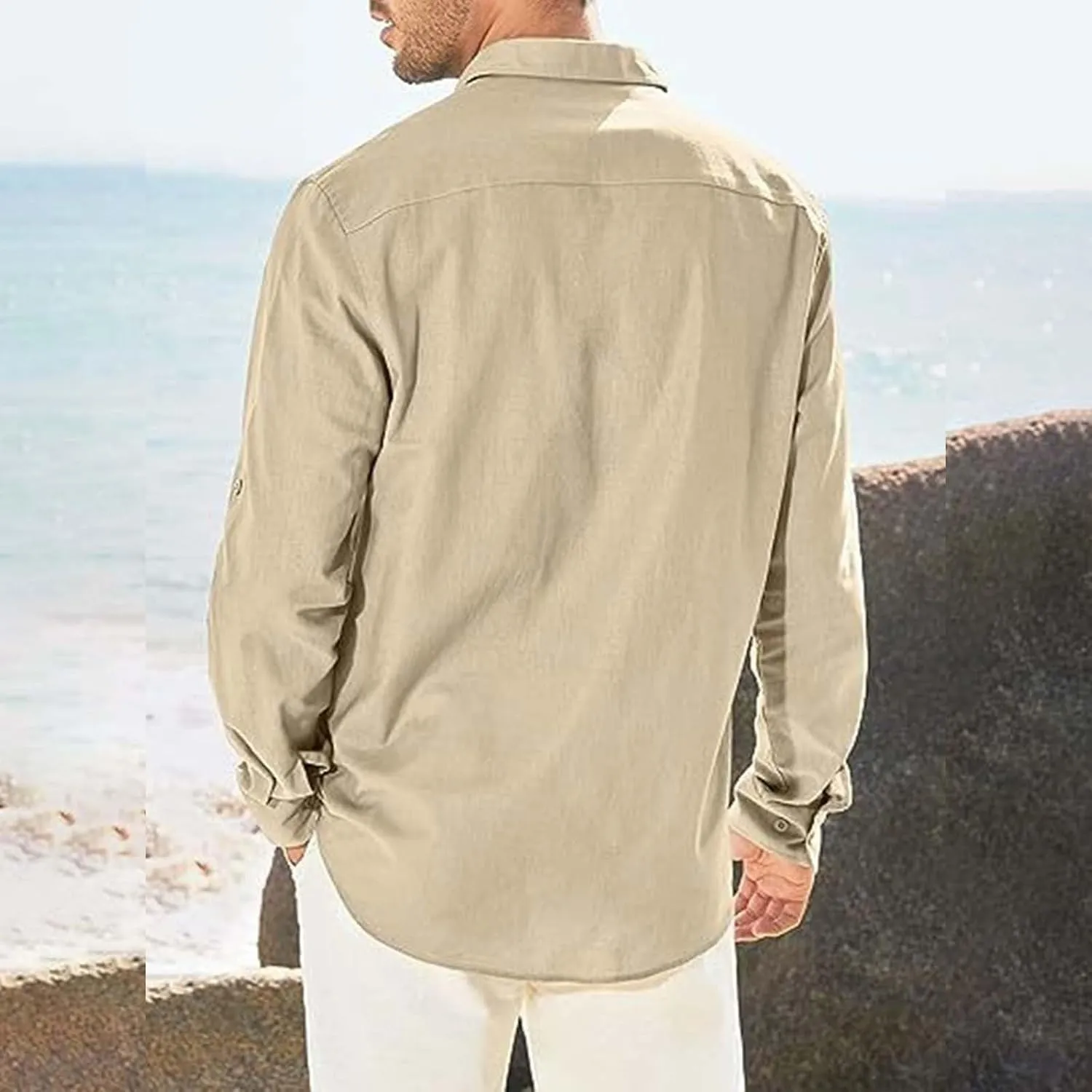 Mens Button Down Shirt Cotton Casual Linen Long Sleeve Summer Tops Lightweight Quick Dry Collared Hippie Beach Shirts