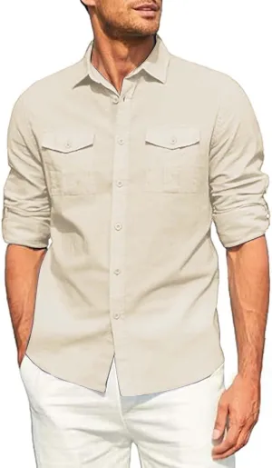 Mens Button Down Shirt Cotton Casual Linen Long Sleeve Summer Tops Lightweight Quick Dry Collared Hippie Beach Shirts