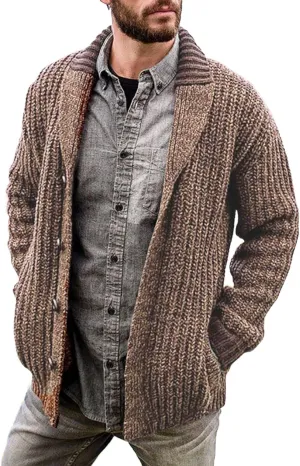 Mens Cable Knit Cardigan Sweater Shawl Collar Knit Blazer Jackets Button Down Fall Winter Faux Wool Chunky Sweaters