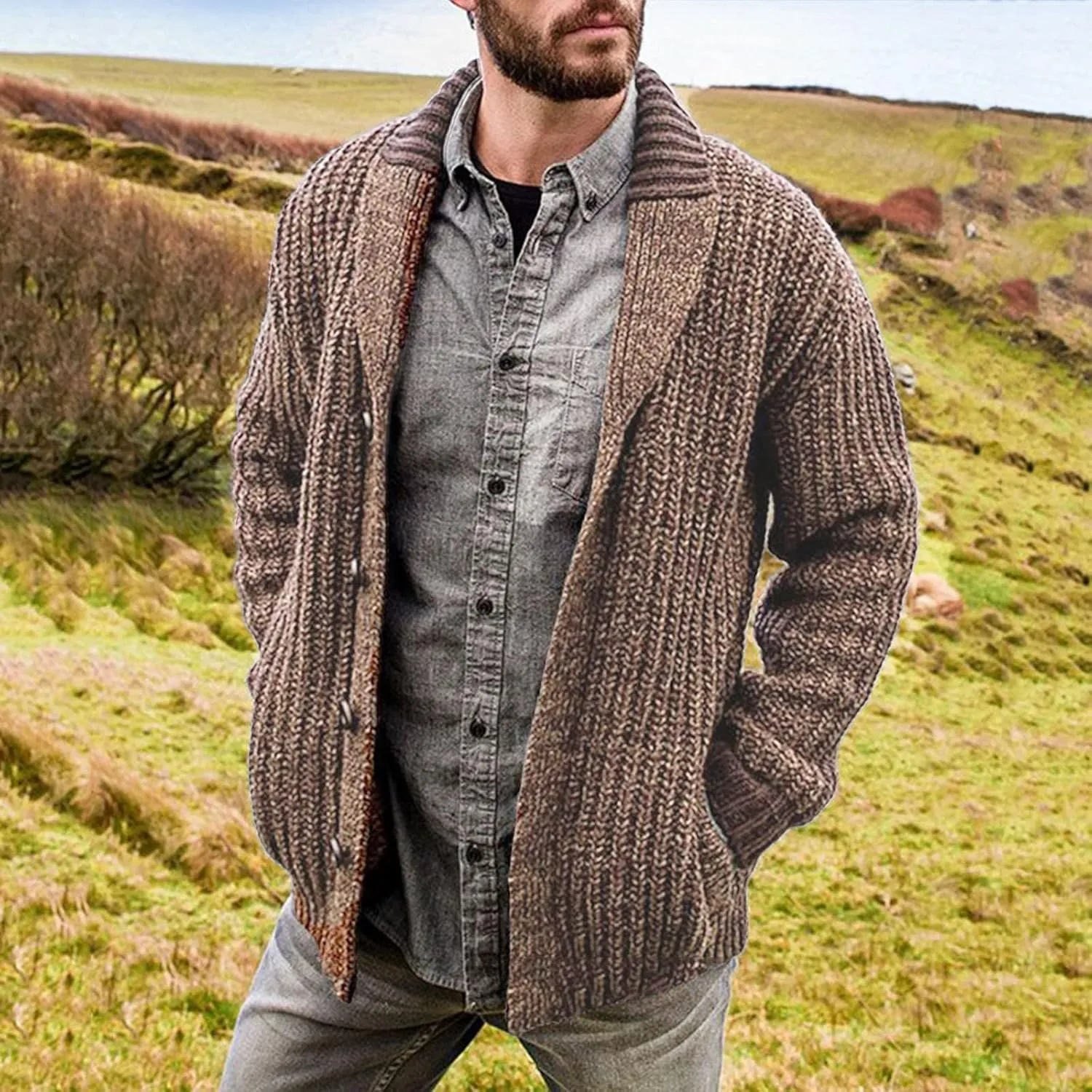 Mens Cable Knit Cardigan Sweater Shawl Collar Knit Blazer Jackets Button Down Fall Winter Faux Wool Chunky Sweaters
