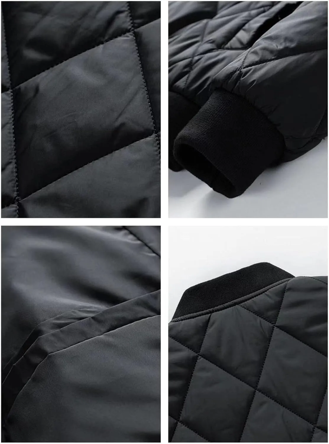 Mens Cotton Jacket Diamond Quilted Ribbed Casual Windproof Warm Padded Coat, Full Zip Bomber Jacket with Pockets