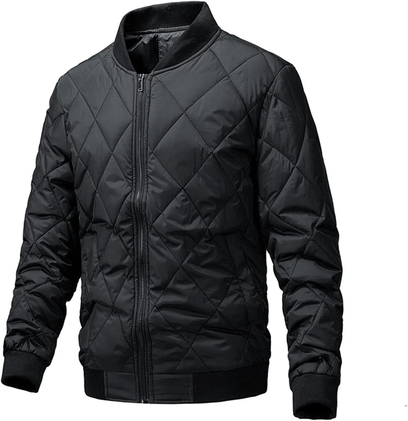 Mens Cotton Jacket Diamond Quilted Ribbed Casual Windproof Warm Padded Coat, Full Zip Bomber Jacket with Pockets