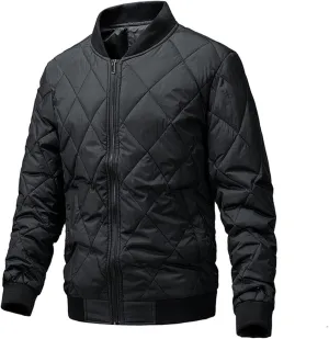 Mens Cotton Jacket Diamond Quilted Ribbed Casual Windproof Warm Padded Coat, Full Zip Bomber Jacket with Pockets