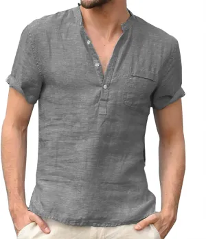 Men's Cotton Linen Tee Casual Short Sleeve V Neck Henley Shirt Quick Dry Breathable Wrinkle Summer Beach Hippie Shirts