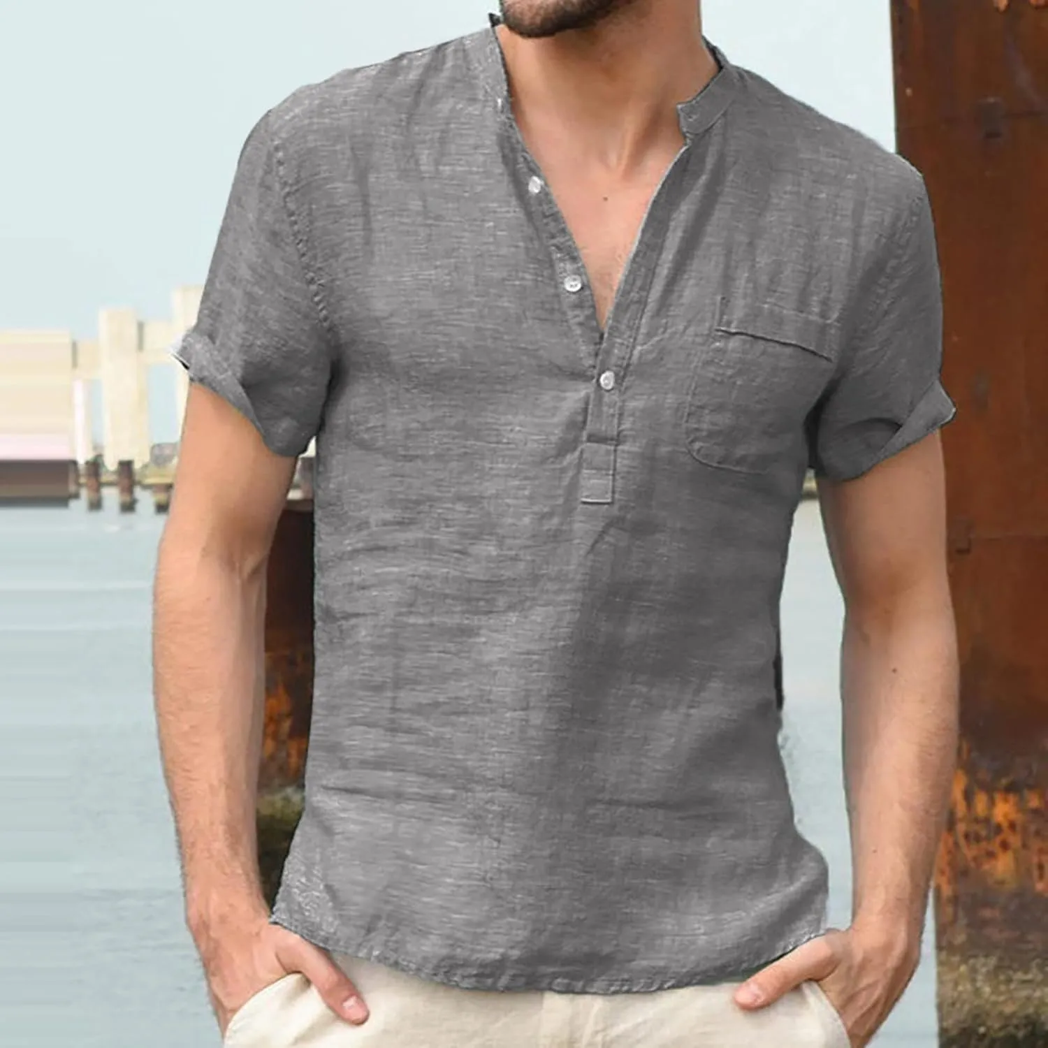 Men's Cotton Linen Tee Casual Short Sleeve V Neck Henley Shirt Quick Dry Breathable Wrinkle Summer Beach Hippie Shirts