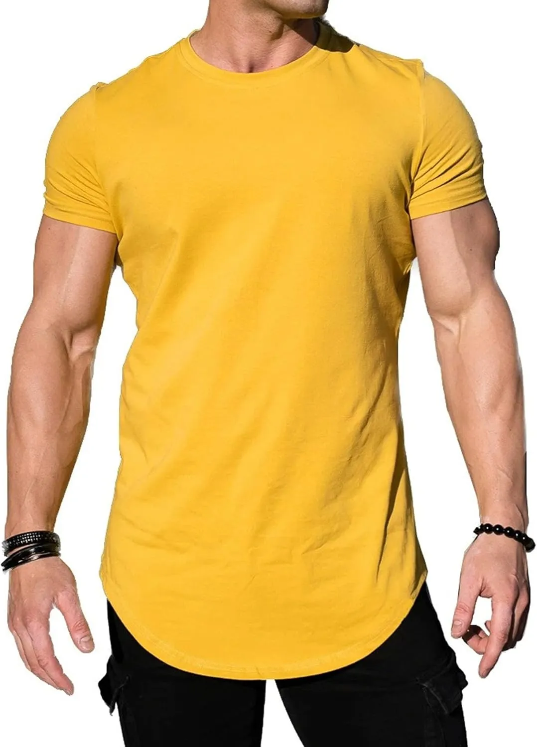Men's Crew Neck Athletic Muscle T-Shirts Stretch Comfort Longline Tops Classic Casual Pullover Summer Tees