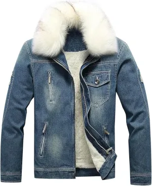 Mens Denim Jacket Plus Cotton Warm Fur Collar Sherpa Lined Denim Coat Vintage Fleece Cowboy Jean Jackets