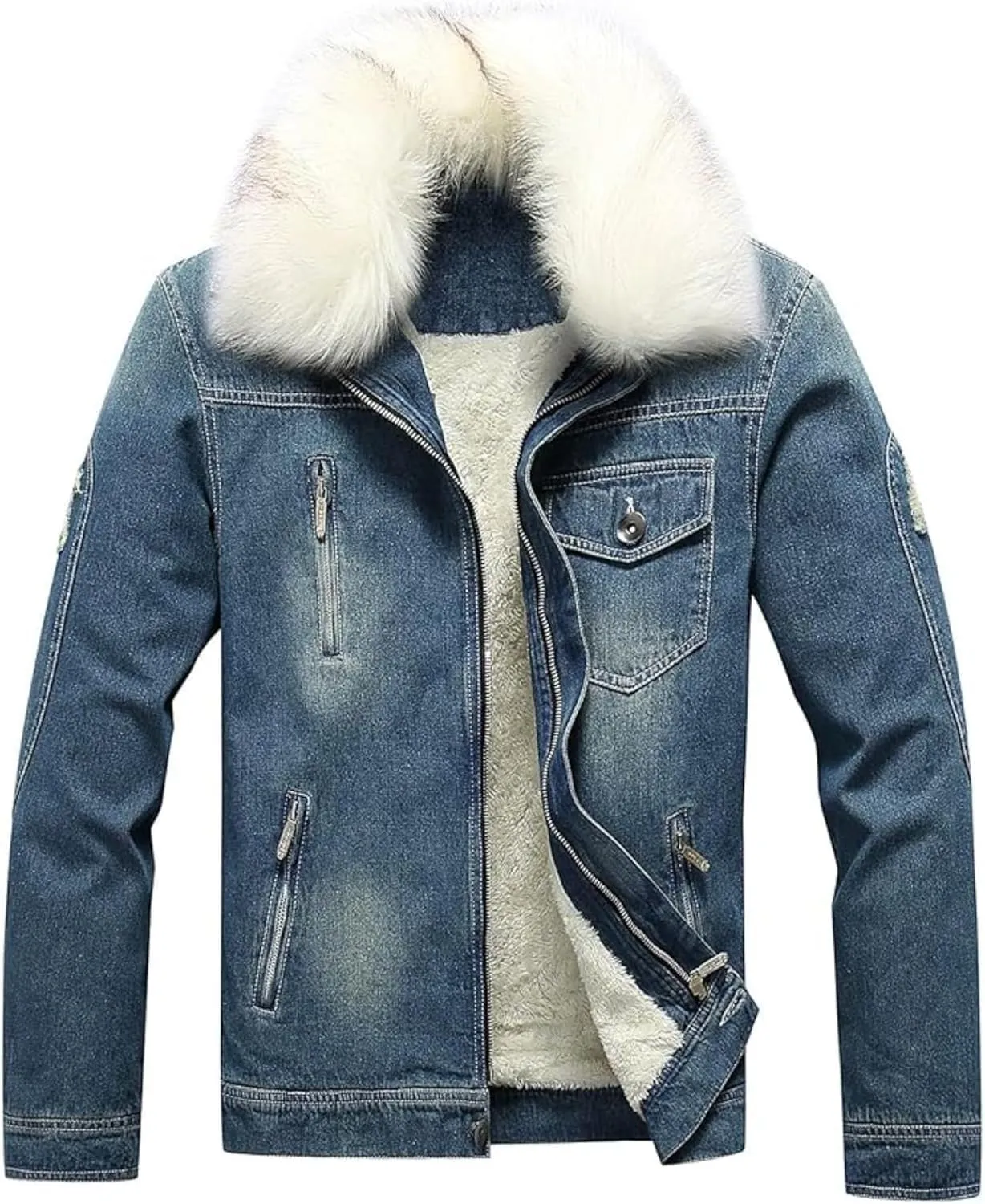 Mens Denim Jacket Plus Cotton Warm Fur Collar Sherpa Lined Denim Coat Vintage Fleece Cowboy Jean Jackets