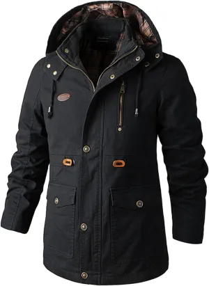 Men's Fall Casual Multi-Pocket Cotton Military Utility Jacket Relaxed Fit Lined Hooded Coat Warm Jacket