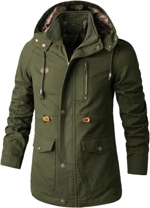 Men's Fall Casual Multi-Pocket Cotton Military Utility Jacket Relaxed Fit Lined Hooded Coat Warm Jacket