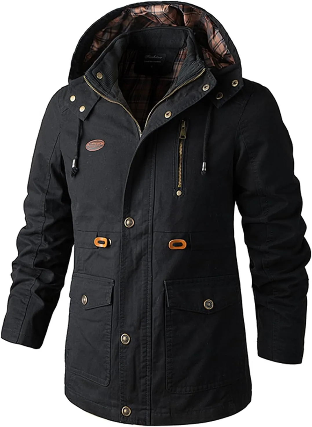 Men's Fall Casual Multi-Pocket Cotton Military Utility Jacket Relaxed Fit Lined Hooded Coat Warm Jacket