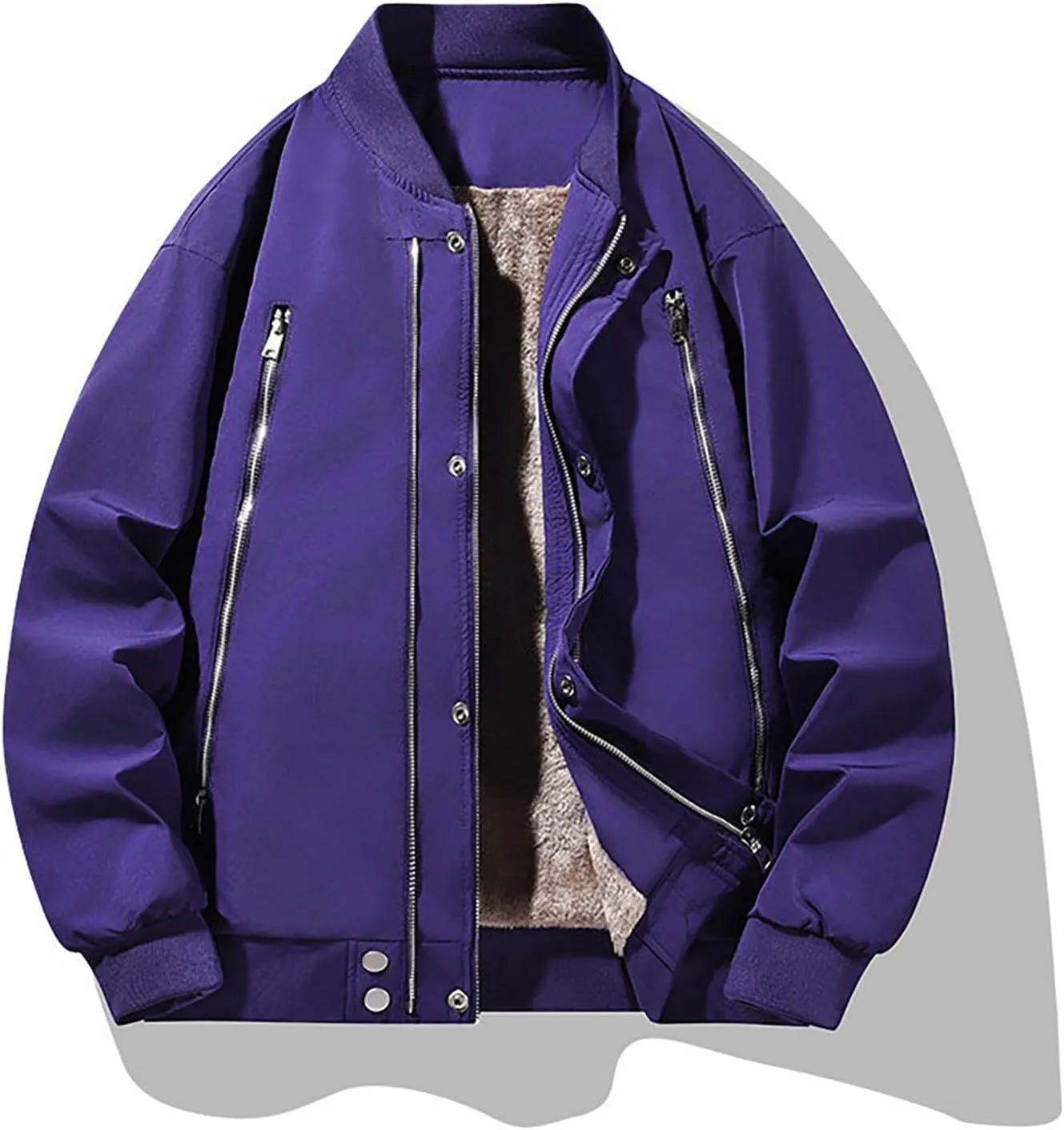 Mens Fleece Bomber Jacket Casual Plaid Jacquard Varsity Jacket Coat Zipper Pockets Windbreaker Softshell Jacket