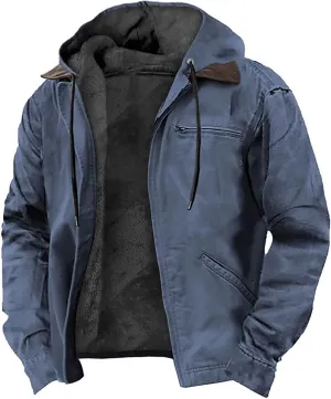 Mens Fleece Hooded Sherpa Lined Jacket Winter Vintage Distressed Long Sleeve Zipper Heavyweight Jackets with Pockets